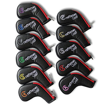 Picture of Craftsman Golf 11pcs /Set (4,5,6,7,8,9,A,S,P,L,X) Synthetic Leather Black with Red Edge Iron Head Cover Headcover Set for Callaway Ping Etc. with Zipper