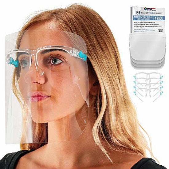 Picture of TCP Global Salon World Safety Face Shields with Glasses Frames (Pack of 4) - Ultra Clear Protective Full Face Shields to Protect Eyes, Nose, Mouth - Anti-Fog PET Plastic Sanitary Droplet Splash Guard