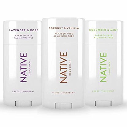 Picture of Native Deodorant - Natural Deodorant For Women and Men - 3 Pack - Contains Probiotics - Aluminum Free & Paraben Free, Naturally Derived Ingredients - Coconut & Vanilla, Lavender & Rose, Cucumber & Mint Scent