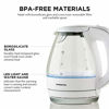 Picture of Ovente Portable Electric Glass Kettle 1.5 Liter with Blue LED Light and Stainless Steel Base, Fast Heating Countertop Tea Maker Hot Water Boiler with Auto Shut-Off & Boil Dry Protection, White KG83W