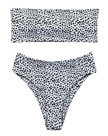 Picture of OMKAGI Women's 2 Pieces Bandeau Bikini Swimsuits Off Shoulder High Waist Bathing Suit High Cut(Small,Leopard Dot)