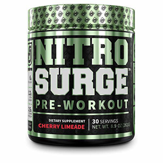 Picture of NITROSURGE Pre Workout Supplement - Endless Energy, Instant Strength Gains, Clear Focus, Intense Pumps - Nitric Oxide Booster & Powerful Preworkout Energy Powder - 30 Servings, Cherry Limeade