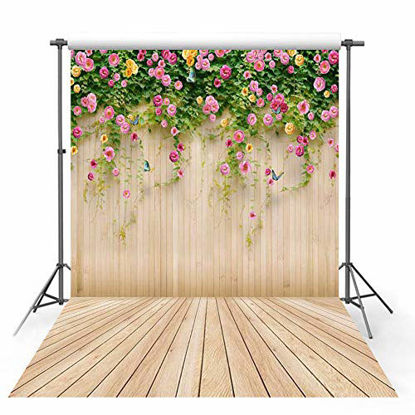 Picture of MEHOFOTO Spring Hanging Flowers Wood Wall Photo Studio Booth Backdrop Wooden Floor Photography Background 5x7ft