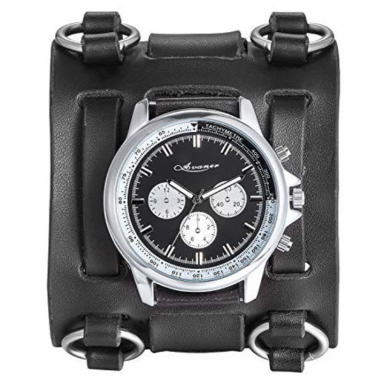 Picture of Avaner Mens Retro Steampunk Rock Black Wide Leather Bracelet Cuff Watches Big Face Round Dial Analog Quartz Sport Watch [Upgraded] Japanese Quartz Movement Watch