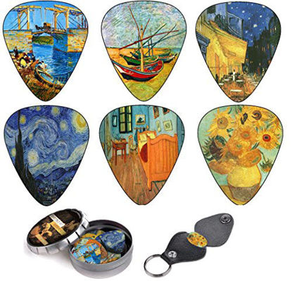 Picture of Vincent Van Gogh Guitar Picks Complete Gift Set For Guitarist. Celluloid Medium 12 Pack in A Tin Box + Picks Holder - Unique Stocking Stuffer For Guitar Player - Limited Time Deal