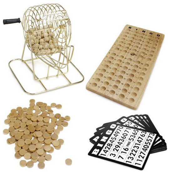 Picture of Royal Bingo Supplies Vintage Wooden Bingo Game - 6-Inch Brass Cage with Calling Board, 75 Balls, 150 Bingo Chips, 18 Bingo Cards for Large Group Games