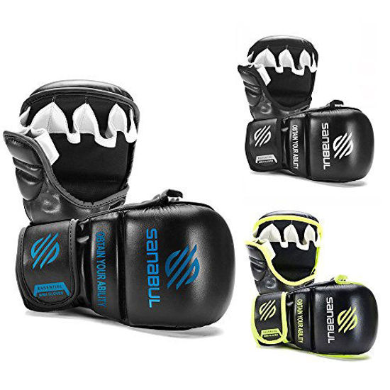 Picture of New Item Sanabul Essential 7 oz MMA Hybrid Sparring Gloves (Black/Blue, Small/Medium)