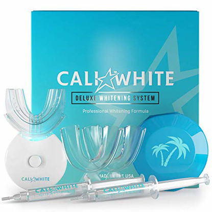 Picture of Cali White Vegan Teeth WHITENING KIT with LED Light, Made in USA, Natural & Organic Peroxide Gel, Professional Dental Whitener, Best Home System: 2 X 5mL Syringes, Custom Trays, Retainer Case