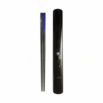 Picture of JapanBargain, Travel Chopsticks with Case Reusable Chinese Korean Japanese Bamboo Portable Chop Sticks Utensil Dishwasher Safe Made in Japan (1, Blue-Yuzen)