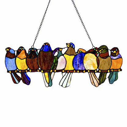 Picture of River of Goods Birds on a Wire 9.5 Inch High Stained Glass Suncatcher Window Panel, Multicolor