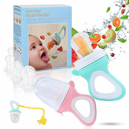 Picture of Baby Fruit Food Feeder Pacifier - Fresh Food Feeder, Silicone Infant Fruit Teething Toy, 2 Pack with 6 Silicone Sac and 1 Pacifier Clip (Cyan & Light Pink)