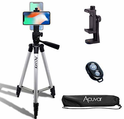 Picture of Acuvar 50" Smartphone/Camera Tripod with Rotating Mount & Wireless Camera Remote. Fits All Smartphones iPhone 12 Max, 11 Pro Max, 11 Pro, 11, Xs, Max, Xr, X 8, 8+, 7, 7 Plus, Android Note 10