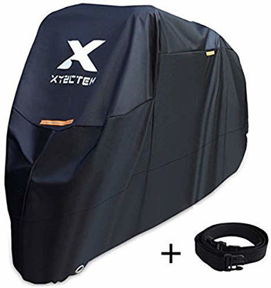 Picture of XYZCTEM Motorcycle Cover -Waterproof Outdoor Storage Bag,Made of Heavy Duty Material Fits up to 116 inch, Compatible with Harley Davison and All Motors(Black& Lockholes& Professional Windproof Strap)