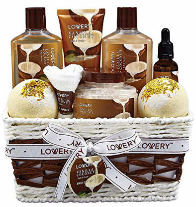 Picture of Bath and Body Gift Basket For Women and Men - 9 Piece Set of Vanilla Coconut Home Spa Set, Includes Fragrant Lotions, Extra Large Bath Bombs, Coconut Oil, Luxurious Bath Towel & More