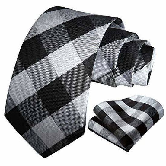 Picture of HISDERN Plaid Checkered Tie Handkerchief Woven Classic Men's Necktie & Pocket Square Set Black