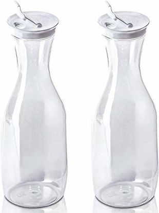 Picture of DecorRack 2 Large Water Carafes, Bottles with Flip Top Lid, 50 Oz Each, BPA Free- Plastic Juice Pitcher, Decanter, Jug, Serve Fridge Cold Iced Tea, for Outdoors, Picnic, Parties, NOT DISHWASHER SAFE