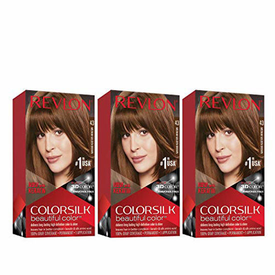 Picture of Revlon Colorsilk Beautiful Color Permanent Hair Color with 3D Gel Technology & Keratin, 100% Gray Coverage Hair Dye, 43 Medium Golden Brown, 4.4 oz (Pack of 3)