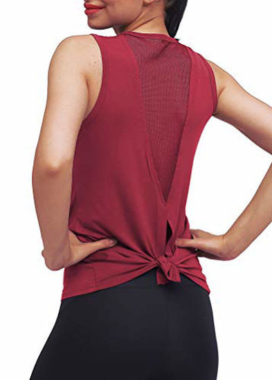 Picture of Mippo Workout Clothes for Women Sexy Open Back Yoga Tops Mesh Tie Back Muscle Tank Workout Shirts Sleeveless Cute Fitness Active Tank Tops Comfort Sports Gym Clothes Fashion 2020 Wine Red S