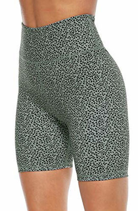Picture of Persit Yoga Shorts for Women Spandex High Wasited Running Athletic Bike Workout Leggings Tight Fitness Gym Shorts with Pockets - Bean Green Leopard - XS