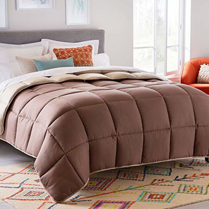 Picture of LINENSPA All-Season Reversible Down Alternative Quilted Comforter - Corner Duvet Tabs - Hypoallergenic - Plush Microfiber Fill - Box Stitched - Machine Washable - Sand / Mocha - Oversized Queen