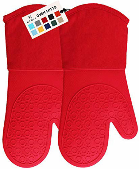 Picture of HOMWE Extra Long Professional Silicone Oven Mitt, Oven Mitts with Quilted Liner, Heat Resistant Pot Holders, Flexible Oven Gloves, Canyon Red, 1 Pair, 13.7 Inch