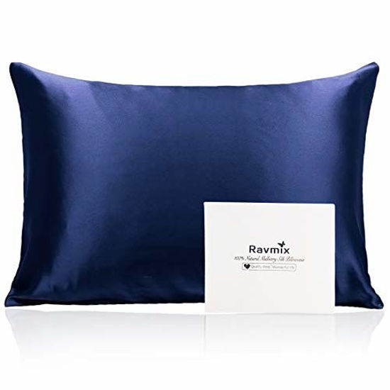 Picture of Ravmix 100% Pure Mulberry Silk Pillowcase King Size 21 Momme 600 Thread Count for Hair and Skin with Hidden Zipper, Hypoallergenic Soft Both Sides Silk Pillow Case, 20×36inches, Navy Blue