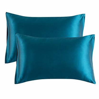 Picture of Bedsure Satin Pillowcase for Hair and Skin, 2-Pack - Standard Size (20x26 inches) Pillow Cases - Satin Pillow Covers with Envelope Closure, Teal