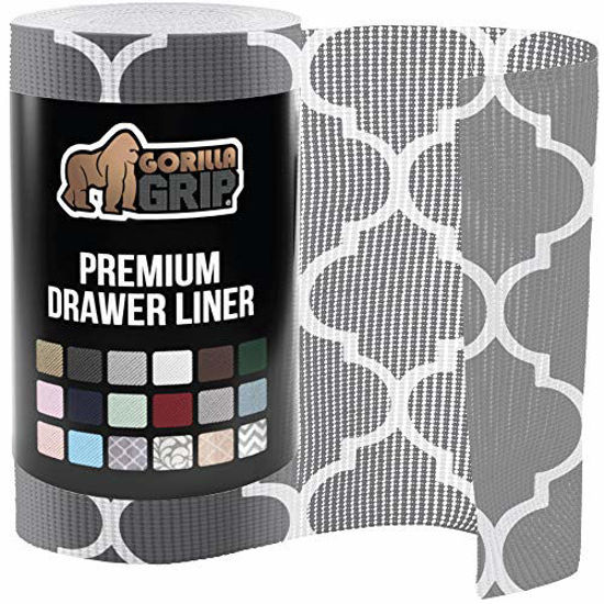 Picture of Gorilla Grip Original Drawer and Shelf Liner, Non-Adhesive, Size, 17.5 Inch x 30 FT, Durable and Strong, Grip Liners for Drawers, Shelves, Cabinets, Storage, Kitchen and Desk, Quatrefoil Gray White