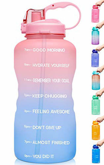 Picture of Venture Pal Large 1 Gallon/128 OZ (When Full) Motivational BPA Free Leakproof Water Bottle with Straw & Time Marker Perfect for Fitness Gym Camping Outdoor Sports-Clear-Pink/Blue Gradient