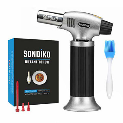 Picture of Sondiko Butane Torch, Culinary Torch Refillable Kitchen Butane Torch Lighter with Safety Lock and Adjustable Flame for Desserts, Creme Brulee, BBQ and Baking(Butane Gas Not Included)