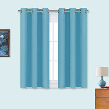 Picture of NICETOWN Thermal Insulated Curtains Blackout Draperies, Window Treatment Solid Grommet Room Darkening Drape Panels for Bedroom (Teal Blue, Set of 2, 34 by 45 inches Long)