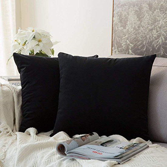 Picture of MIULEE Pack of 2 Velvet Pillow Covers Decorative Square Pillowcase Soft Solid Cushion Case for Sofa Bedroom Car 24 x 24 Inch 60 x 60 cm Black