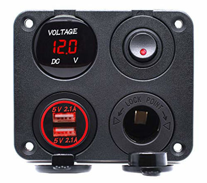 Picture of Cllena 4 in 1 Multi-Functions Panel, Dual USB Charger Socket 4.2A + Digital Voltmeter + 12V Power Outlet + ON-Off Toggle Switch for Car Marine Boat Truck Rv ATV UTV Golf Cart Camper etc. (Red)