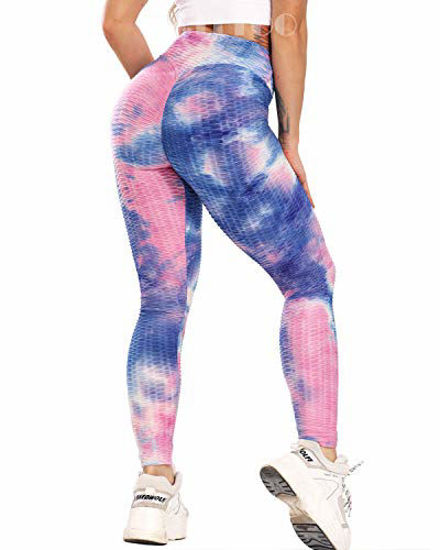 GetUSCart- FITTOO Women's High Waist Yoga Pants Tummy Control Scrunched Booty  Leggings Workout Running Butt Lift Bubble Textured Tights Dyed Blue Pink XX- Large