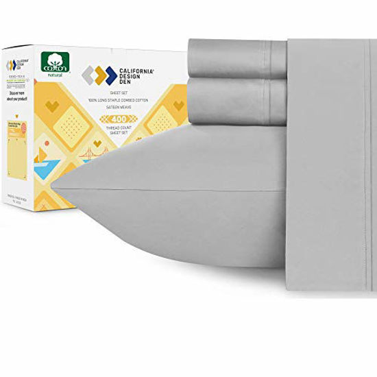 Picture of 400 Thread Count 100% Cotton Sheets - Light Grey Long-Staple Cotton Twin Sheets, Fits Mattress 15'' Deep Pocket, Soft Sateen Weave Cotton 3-Piece Bedsheets and Pillowcases for Kids & Adult