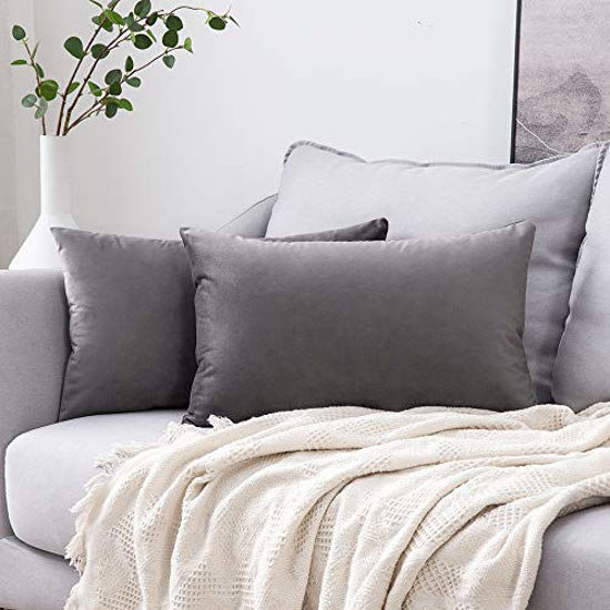 Picture of MIULEE Pack of 2 Velvet Pillow Covers Decorative Square Pillowcase Soft Solid Cushion Case for Sofa Bedroom Car 12 x 20 Inch Dark Grey