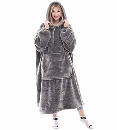 Picture of Waitu Wearable Blanket Sweatshirt for Women and Men, Super Warm and Cozy Big Blanket Hoodie, Thick Flannel Blanket with Sleeves and Giant Pocket - Gray