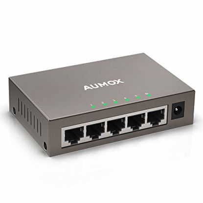 Picture of Aumox 5 Port Gigabit Ethernet Network Switch, Desktop, Unmanaged Ethernet Splitter, Durable Metal Casing, Traffic Optimization, Fanless Quite, Plug and Play (AM-SG205)