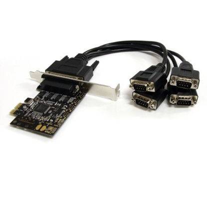 Picture of StarTech.com 4 Port PCI Express RS232 Serial Adapter Card - Single-Lane PCI Express - Breakout Cable - RS232 Extension - PCIe Serial Card (PEX4S553B), red