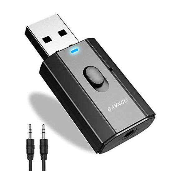 Picture of Bluetooth Car Adapter, BAVNCO USB 5.0 Wireless Bluetooth 3.5mm Aux Jack Stereo Transmitter Receiver Hands-Free Car Kit Built-in Micphone for Car/Home Stereo Headphone PC TV More(Black)