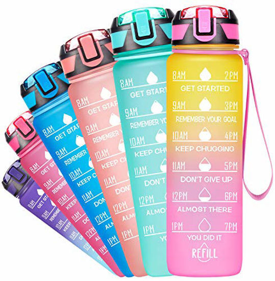 Picture of Fidus 32oz Leakproof Tritran BPA Free Water Bottle with Motivational Time Marker & Straw to Ensure You Drink Enough Water Daily for Fitness, Gym and Outdoor Sports-Yellow/Pink Gradient