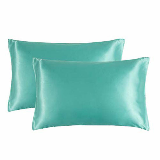 Picture of Bedsure Turquoise Satin Pillowcase for Hair and Skin, 2-Pack - Green Pillow Cases King Size (20x40 inches) - Satin Pillow Covers with Envelope Closure