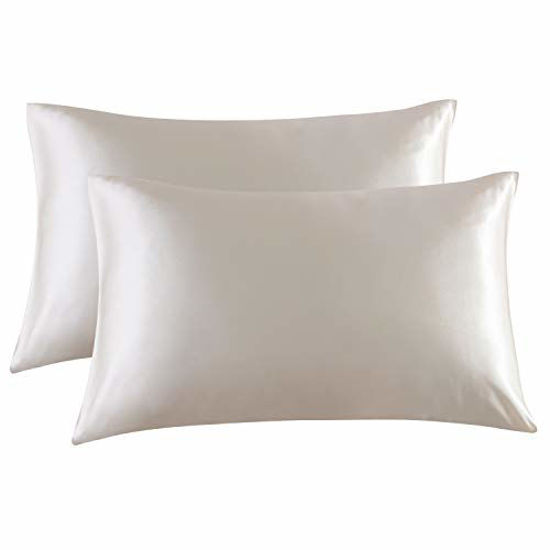 Picture of Bedsure Satin Pillowcase for Hair and Skin, 2-Pack - Queen Size (20x30 inches) Pillow Cases - Satin Pillow Covers with Envelope Closure, Beige