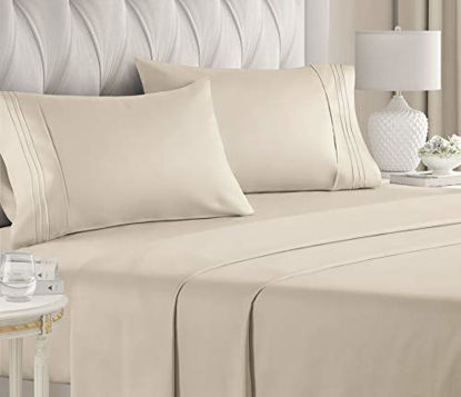Picture of California King Size Sheet Set - 4 Piece Set - Hotel Luxury Bed Sheets - Extra Soft - Deep Pockets - Breathable & Cooling - Wrinkle Free - Comfy - Cream Bed Sheets - Cali Kings Sheets Cream 4PC