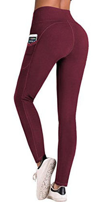 Picture of IUGA High Waist Yoga Pants with Pockets, Tummy Control, Workout Pants for Women 4 Way Stretch Yoga Leggings with Pockets (Maroon IU7840, Small)