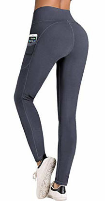 Picture of IUGA High Waist Yoga Pants with Pockets, Tummy Control, Workout Pants for Women 4 Way Stretch Yoga Leggings with Pockets (Gray IU7840, Large)