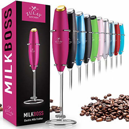 Picture of Zulay Original Milk Frother Handheld Foam Maker for Lattes - Whisk Drink Mixer for Bulletproof Coffee, Mini Foamer for Cappuccino, Frappe, Matcha, Hot Chocolate by Milk Boss (Pink with Gold Button)