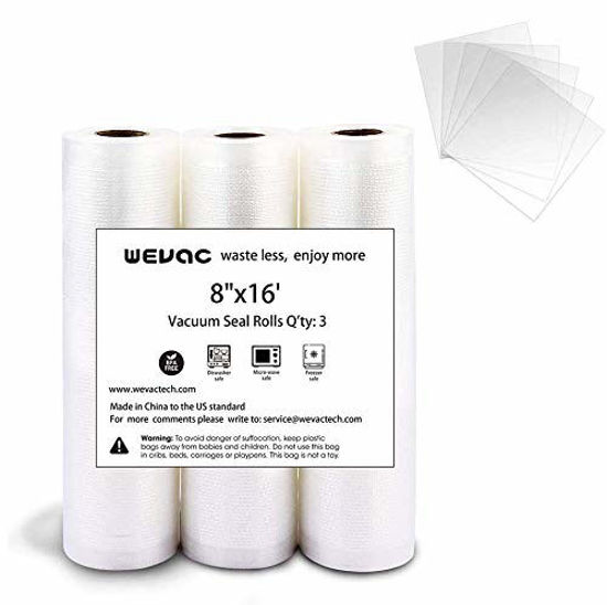 Picture of Wevac Vacuum Sealer Bags 8x16' Rolls 3 pack for Food Saver, Seal a Meal, Weston. Commercial Grade, BPA Free, Heavy Duty, Great for vac storage, Meal Prep or Sous Vide