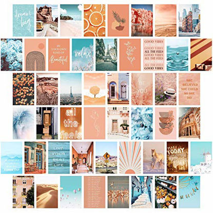 Picture of Peach Teal Wall Collage Kit Aesthetic Pictures, Bedroom Decor for Teen Girls, Wall Collage Kit, Collage Kit for Wall Aesthetic, Girls Bedroom Decor, Boho Wall Decor, Collage Kit (50PCS 4x6 inch)