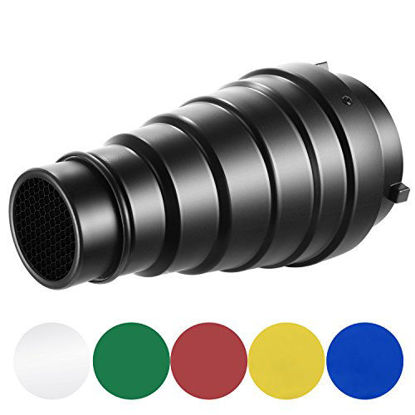 Picture of Neewer Large Aluminium Alloy Conical Snoot Kit with Honeycomb Grid and 5 Pieces Color Gel Filters for Bowens Mount Studio Strobe Monolight Photography Flash Light